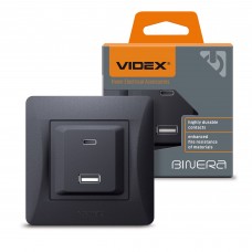 Розетка USB-A + USB-C PD20W чорний графіт VIDEX BINERA Розетка USB-A + USB-C PD20W чорний графіт VIDEX BINERA