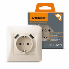 Розетка одинарна із заземленням та 2USB кремова VIDEX BINERA Розетка одинарна із заземленням та 2USB кремова VIDEX BINERA